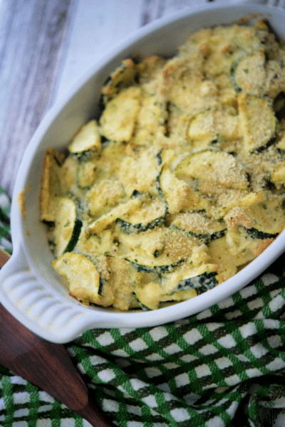 zucchini casserole with parmesan cheese and topped with breadcrumbs