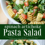 collage photo of spinach artichoke pasta salad