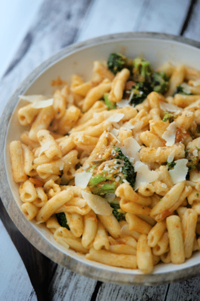 cavatelli with broccoli in a vodka sauce in a bowl