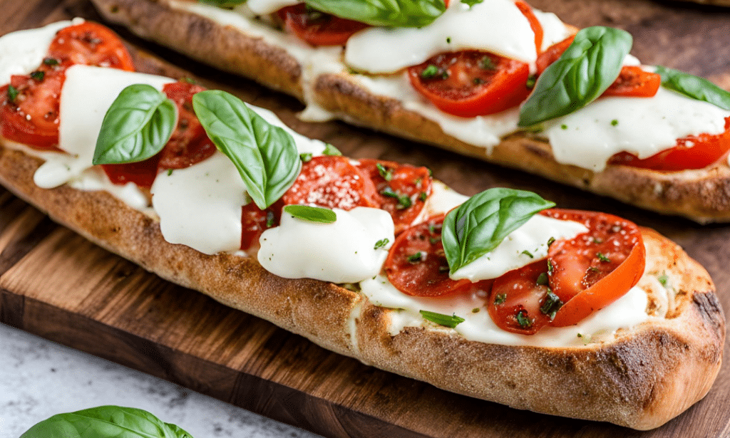 a close up of caprese french bread pizza