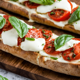a close up of caprese french bread pizza