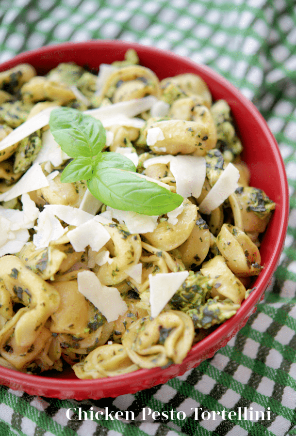 a bowl with tortellini and pesto
