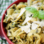 chicken pesto tortellini in a red bowl