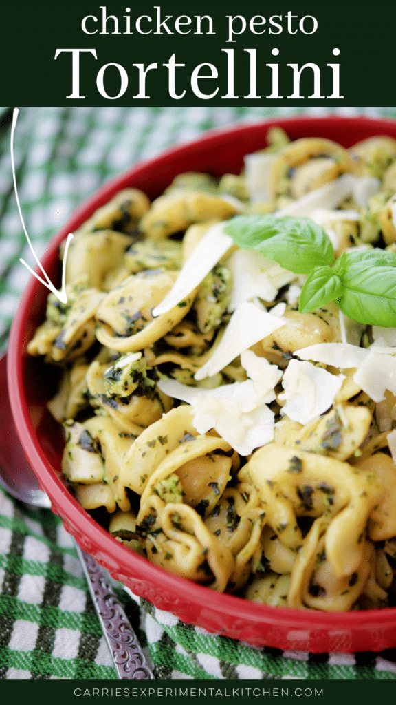 chicken pesto tortellini in a red bowl