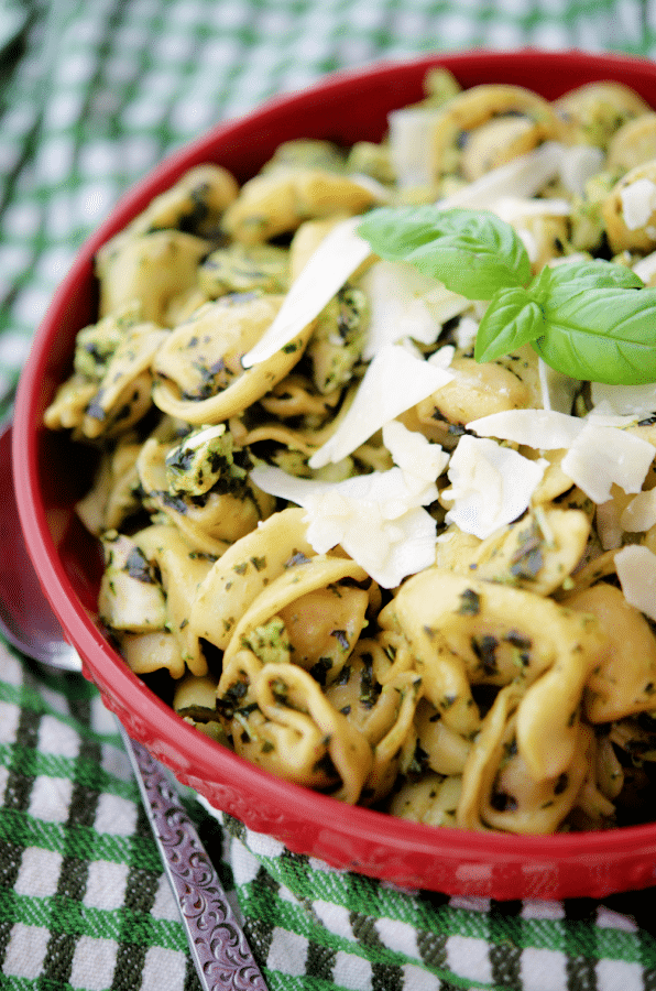 chicken pesto tortellini in a red bowl