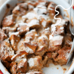 cinnamon french toast casserole in a white baking dish