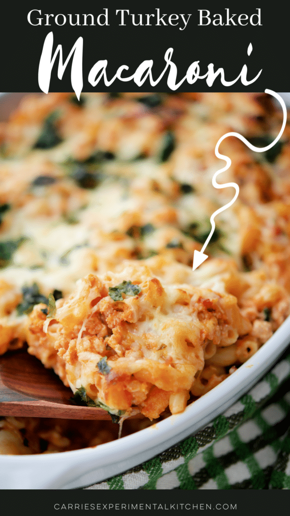 baked macaroni with ground turkey on a wooden spoon