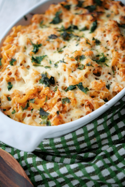 baked macaroni with ground turkey in a white dish