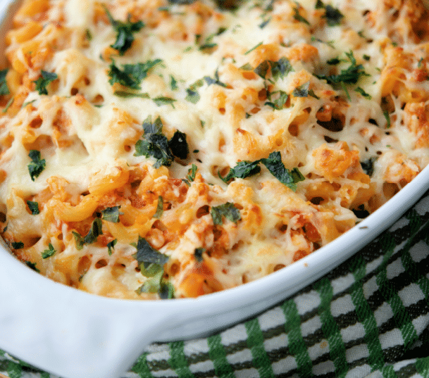 baked macaroni with ground turkey in a white dish