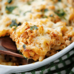 a close up of ground turkey baked macaroni