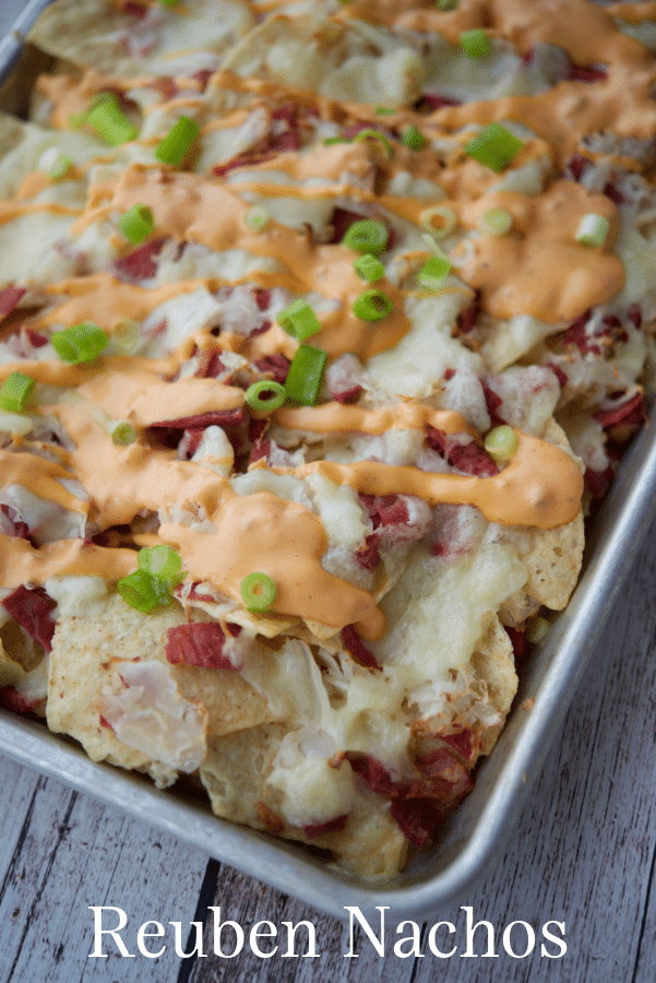 a tray of reuben nachos