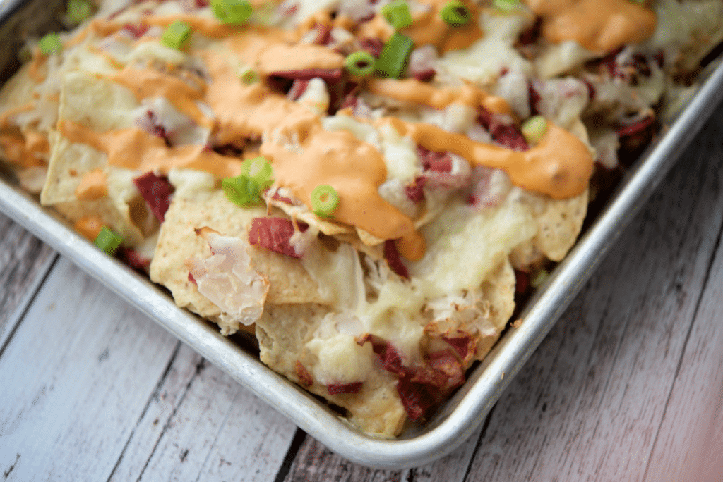 reuben nachos on a sheet pan