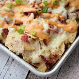 reuben nachos on a sheet pan