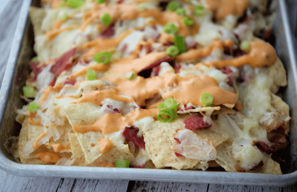 a close up of reuben nachos