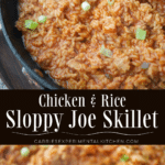 collage photo of ground chicken and rice sloppy joe skillet