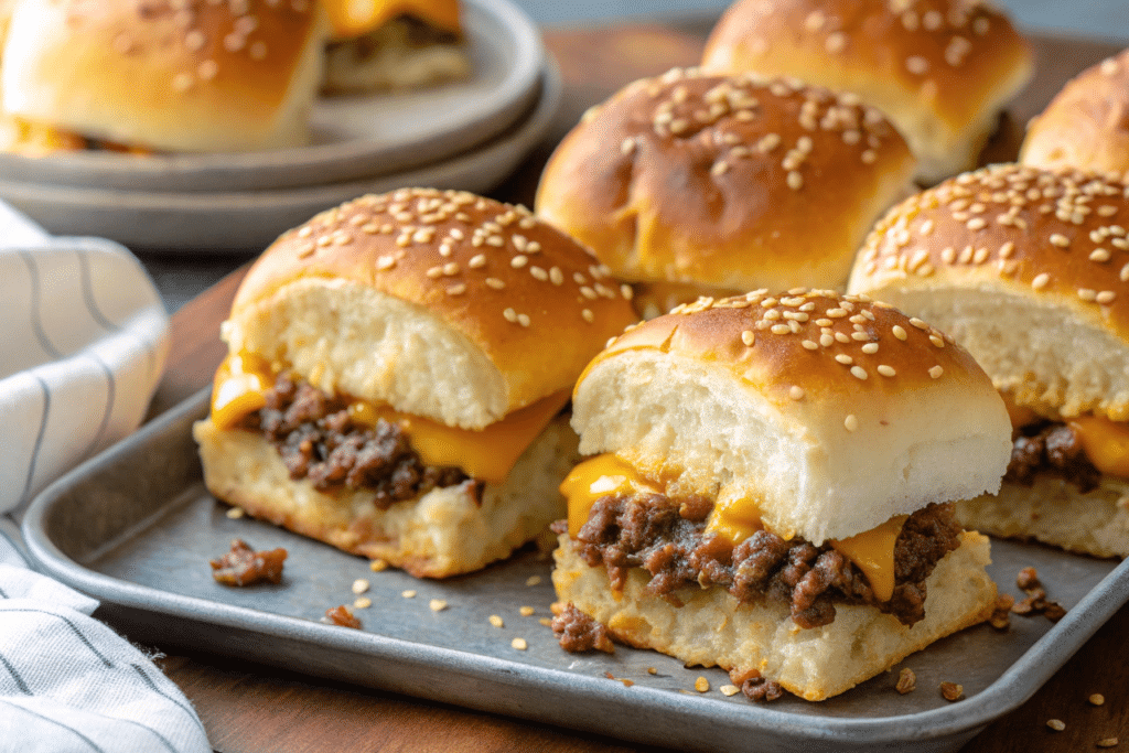 a closeup of cheeseburger sliders on a plate