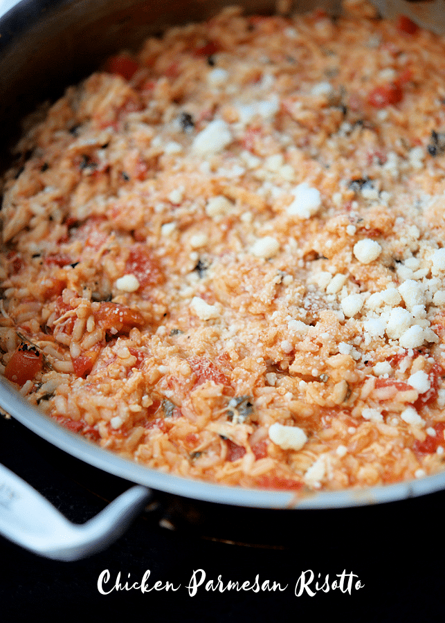a skillet with chicken parmesan risotto