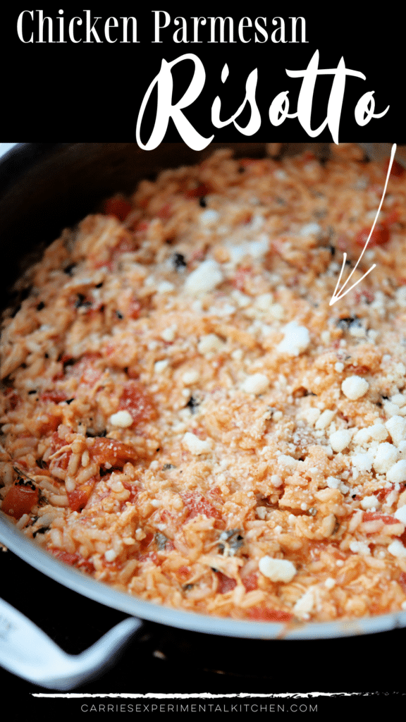 a skillet full of chicken parmesan risotto