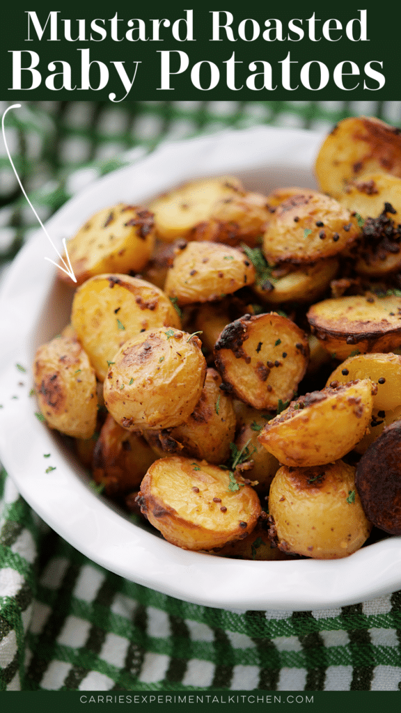 a white dish with mustard roasted baby potatoes