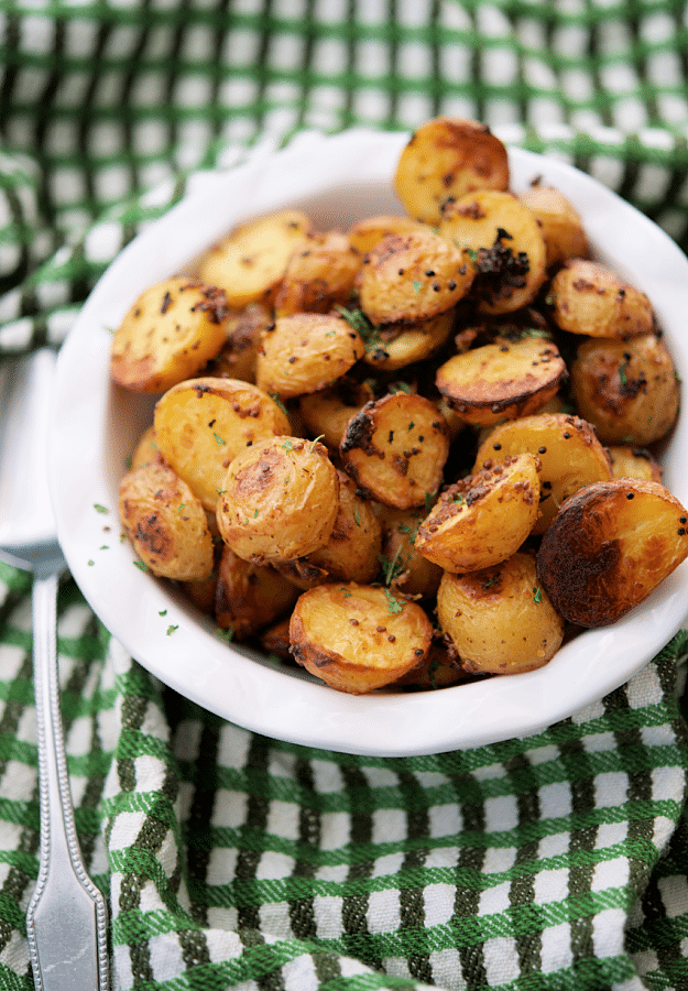 mustard roasted baby potatoes in a dish