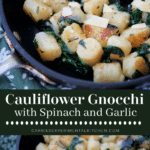 collage photo of cauliflower gnocchi with spinach in a pan