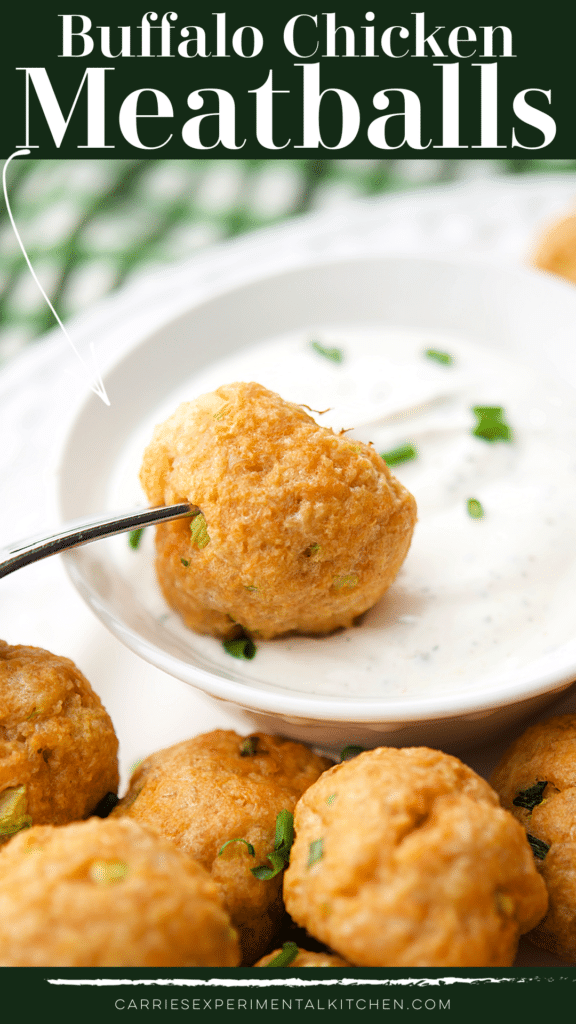 buffalo chicken meatballs on a fork with ranch dip