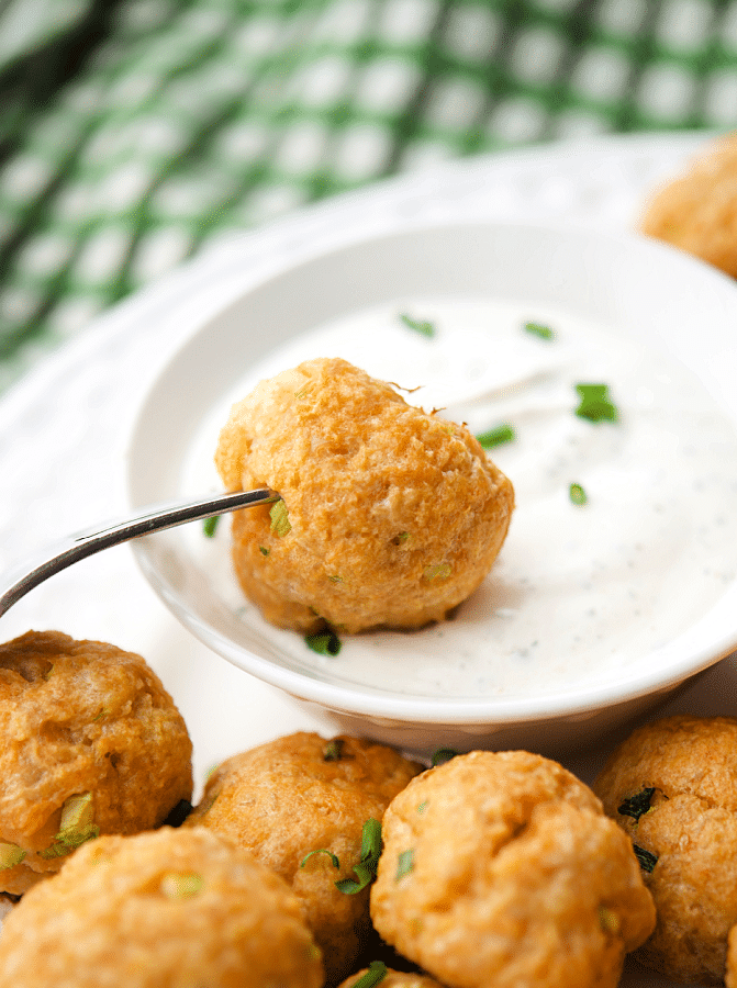 a fork with a buffalo chicken meatball