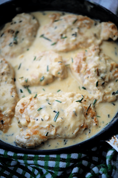 dijon rosemary chicken in a skillet