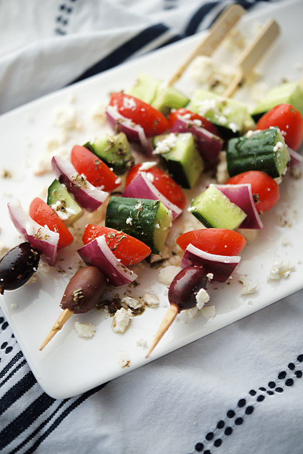 cucumbers tomatoes olives on a skewer