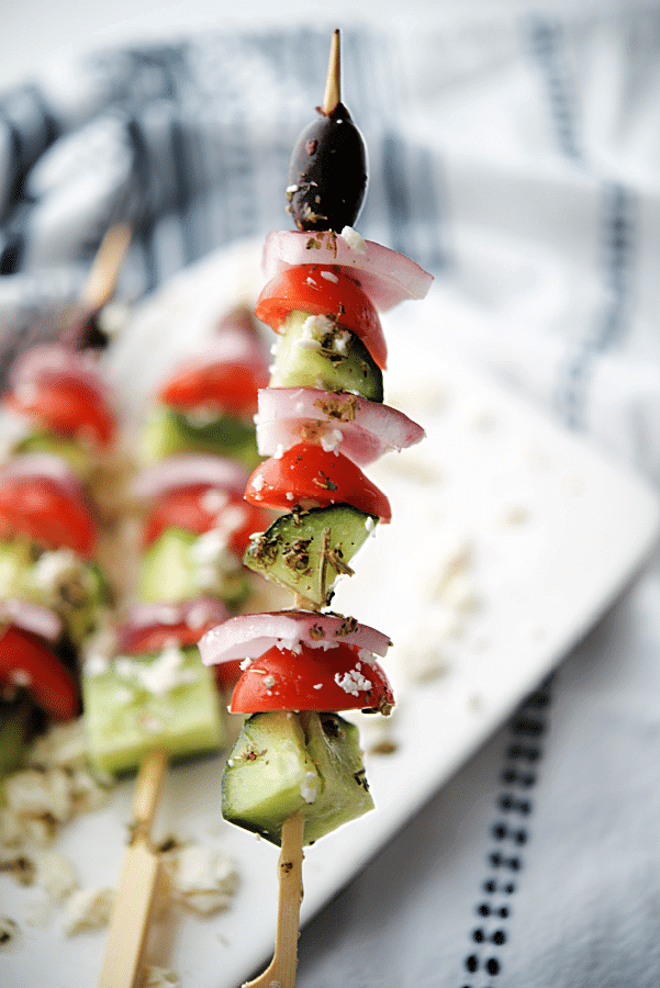 greek style appetizer skewers closeup