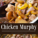 collage photo of chicken with peppers, onions and potatoes in a skillet