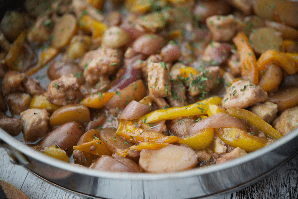 a close up of chicken murphy in a skillet