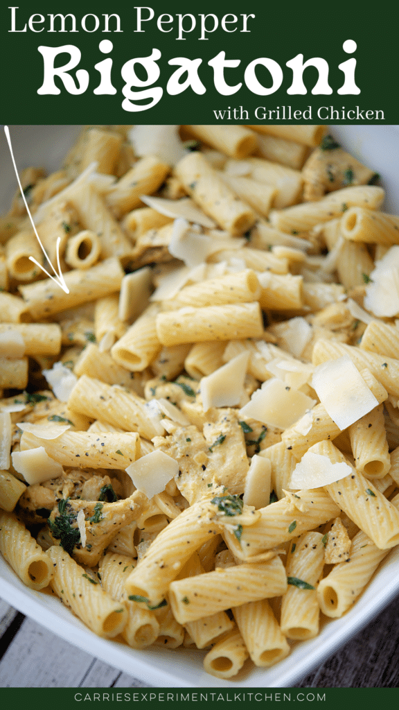 lemon pepper rigatoni with grilled chicken in a bowl