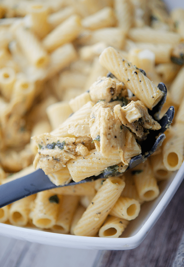 lemon pepper rigatoni on a spoon