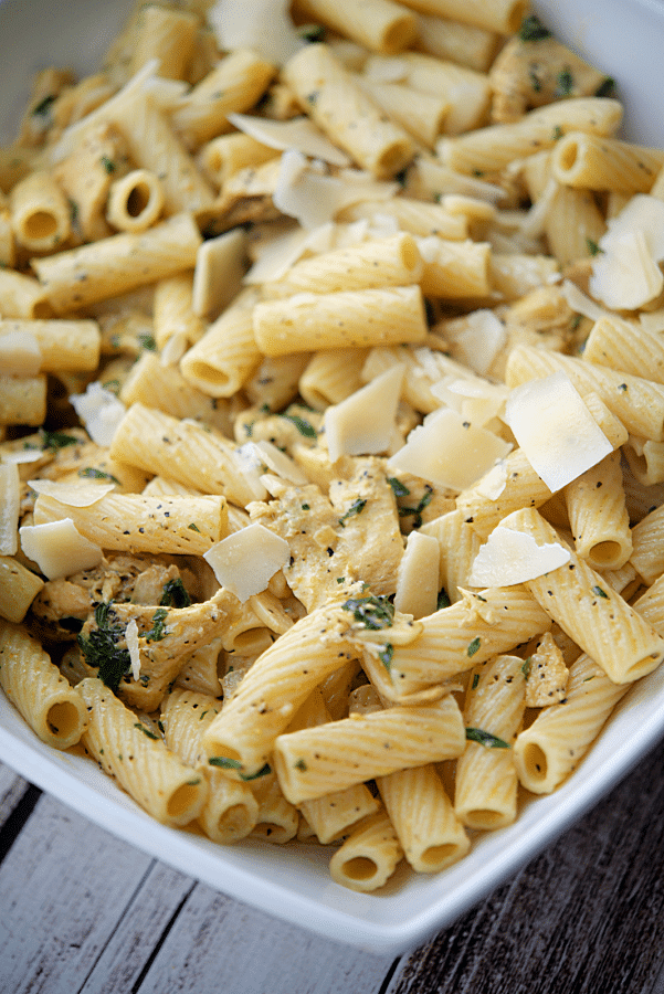 a white bowl with lemon pepper rigatoni