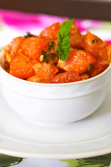 a dish of roasted pink grapefruit
