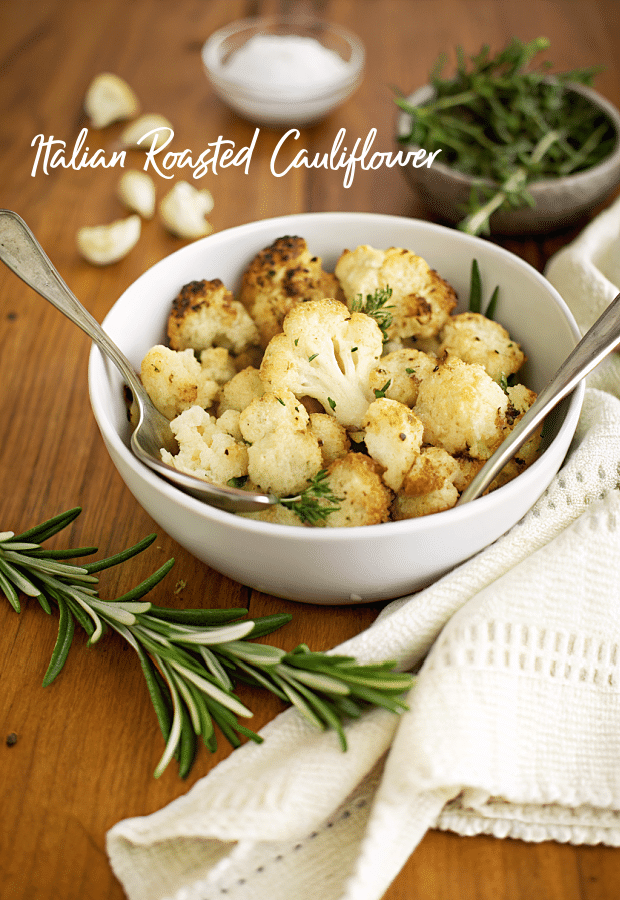 a white bowl with roasted cauliflower