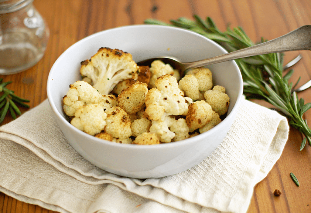 a bowl of roasted cauliflower with a spoon
