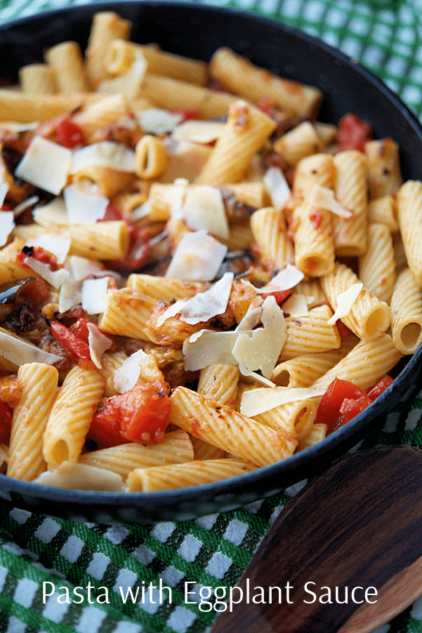 skillet with pasta and eggplant