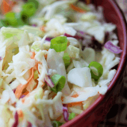 a closeup of asian coleslaw in a red bowl