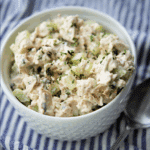 bacon ranch chicken salad in a white bowl