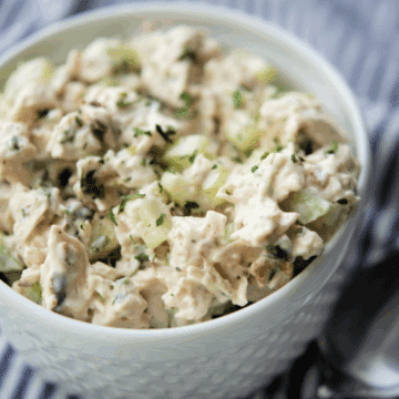 a close up of bacon ranch chicken salad
