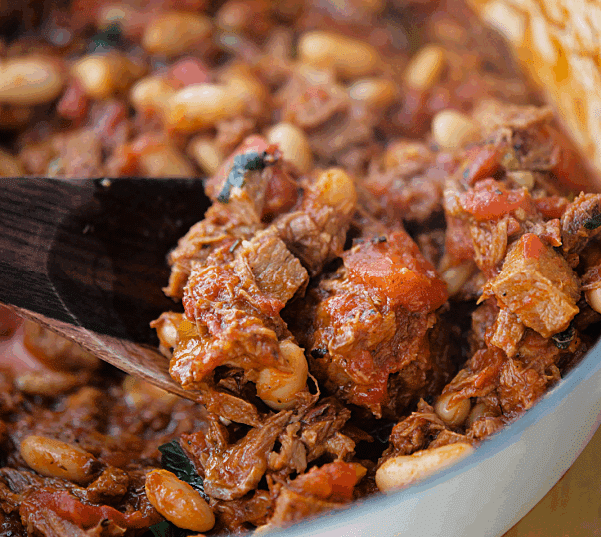 italian brisket chili in a dutch oven