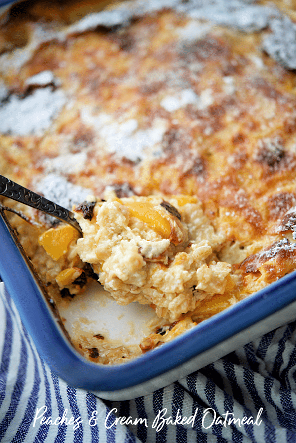 peaches and cream oatmeal on a spoon