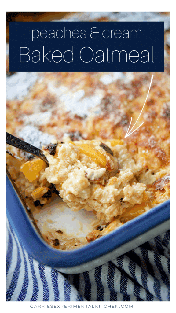 peaches and cream baked oatmeal on a spoon in a white and blue dish