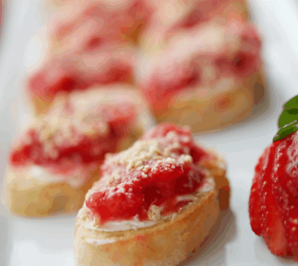 a plate of strawberry shortcake crostini
