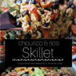 collage photo of chourico and rice skillet