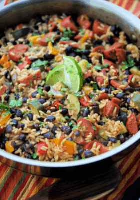 skillet with chourico, vegetbles and rice