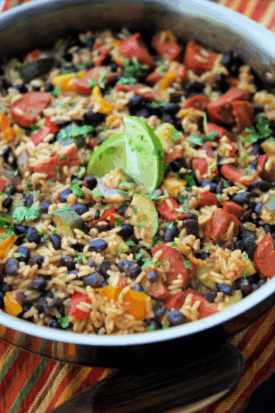 skillet with chourico, vegetbles and rice