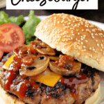 a plate with a bbq mushroom cheeseburger